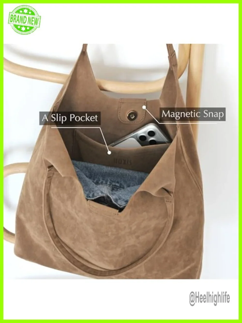 Soft Faux Suede Tote Bag with Magnetic Closure Hobo Handbag